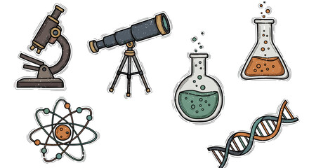 Naklejka premium Illustrated collection of scientific instruments and concepts on a black background