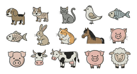 A collection of adorable hand drawn farm animals and pets in a whimsical cartoon style © Mirian