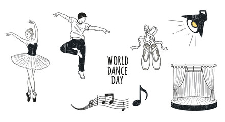 World dance day celebration featuring ballet hip hop pointe shoes stage and music notes