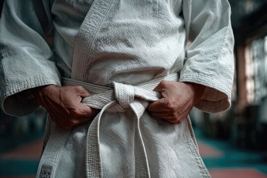 Practitioner tying belt in traditional martial arts dojo during training session in the late afternoon