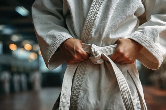 Practitioner ties up karate belt while preparing for martial arts training at dojo during evening session