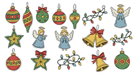 Fototapeta premium Charming hand drawn christmas ornaments featuring angels bells lights and stars