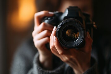 Photographer capturing moments with a camera indoors in soft lighting