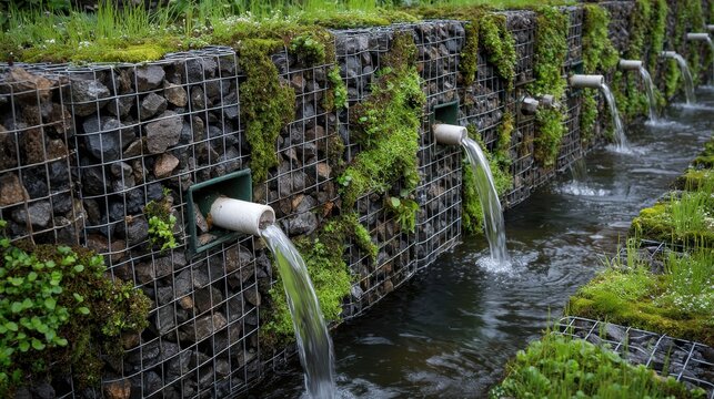 Gabion retaining wall structure featuring multiple pipes channeling fresh water into a serene stream, fostering lush moss and green plant growth for an eco friendly landscape