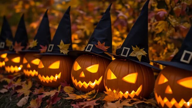 A row of glowing jack-o'-lanterns with witch hats surrounded by autumn leaves in a festive setting
