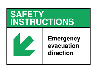 Emergency Evacuation Safety Sign – Diagonal Down-Left Arrow with Green Header and Instructional Text for Urgent Exit Guidance High-Quality Vectorial Stock Image