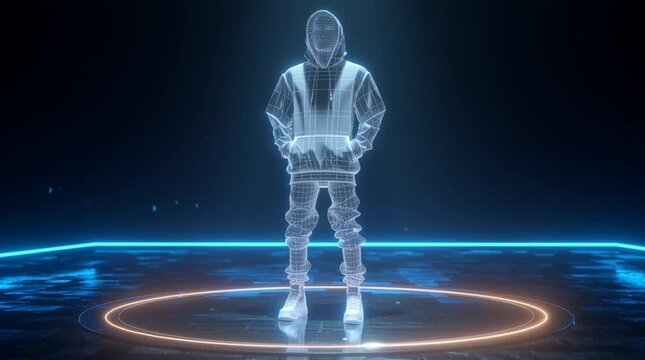 Holographic streetwear model in hoodie on glowing platform, neon background, futuristic fashion scene
