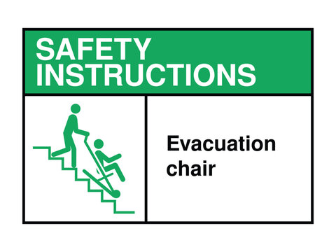 Evacuation Chair Safety Instruction Sign – Mobility Assistance Icon with Green Header and Stair Descent Message High-Quality Vectorial Stock Image