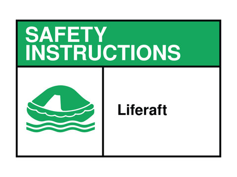 Liferaft Safety Instruction Sign – Emergency Watercraft Icon with Green Header and Sea Rescue Message High-Quality Vectorial Stock Image