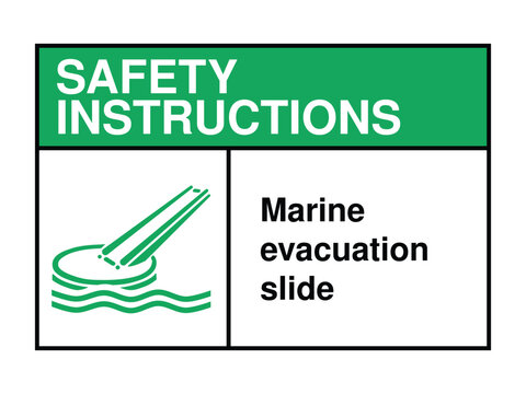 Marine Evacuation Slide Safety Instruction Sign – Sea Descent Icon with Green Header and Emergency Exit Message High-Quality Vectorial Stock Image