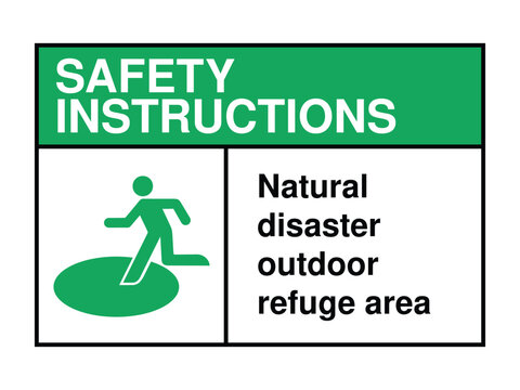 Natural Disaster Outdoor Refuge Area Safety Sign – Emergency Assembly Icon with Green Header and Evacuation Message High-Quality Vectorial Stock Image