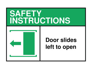 Obraz premium Sliding Door Safety Instruction Sign – Leftward Arrow Icon with Green Header and Message for Public Access Guidance High-Quality Vectorial Stock Image