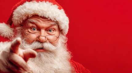 Santa Claus looking directly at the camera with an inviting expression against a red background