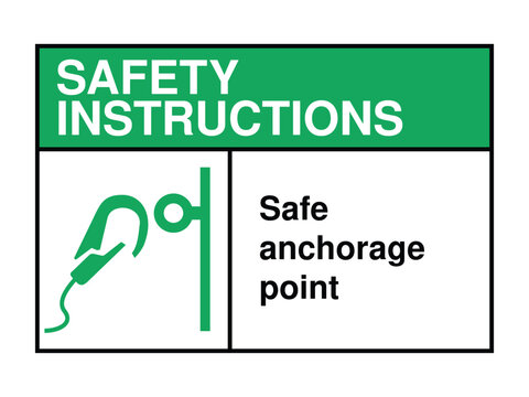 Safe Anchorage Point Safety Instruction Sign – Fall Protection Hook Icon with Green Header and Secure Attachment Message High-Quality Vectorial Stock Image