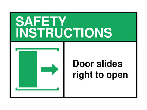 Sliding Door Safety Instruction Sign – Rightward Arrow Icon with Green Header and Message for Public Access Guidance High-Quality Vectorial Stock Image