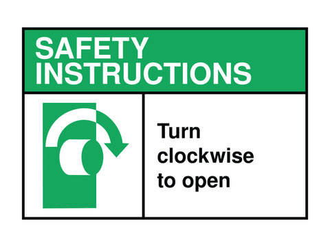 Turn Clockwise to Open Safety Instruction Sign – Manual Access Icon with Green Header and Directional Operation Message High-Quality Vectorial Stock Image