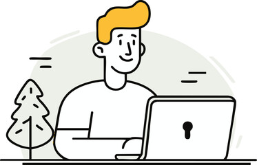 a line drawing of a man with a yellow hat sitting at a computer