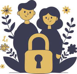 a graphic illustration of two people surrounded by flowers and leaves with a yellow lock