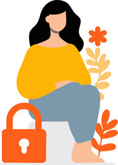a graphic illustration of a woman sitting on a stool, wearing a bright yellow sweater and blue pants, surrounded by flowers and a briefcase