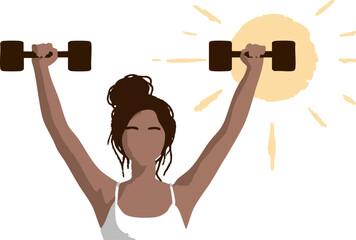 a silhouette of a woman lifting two dumbbells against a bright sun background