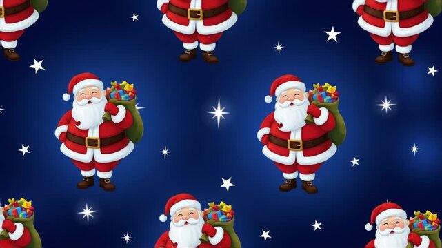 Festive Santa Claus pattern with gifts on a starry blue background, perfect for holiday designs