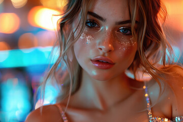 Stylish woman dressed in glitter plays poker in elegant casino setting,
