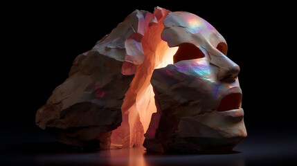 Stone sculpture of cracked human face with glowing core