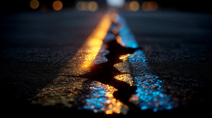 Cracked asphalt road with glowing reflections at night