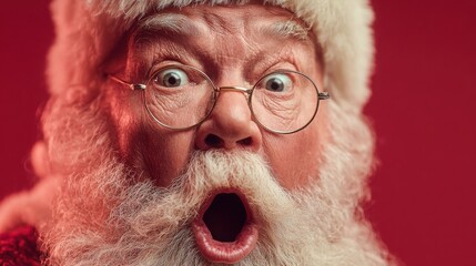 Excited Santa Claus expressing surprise with wide eyes and open mouth