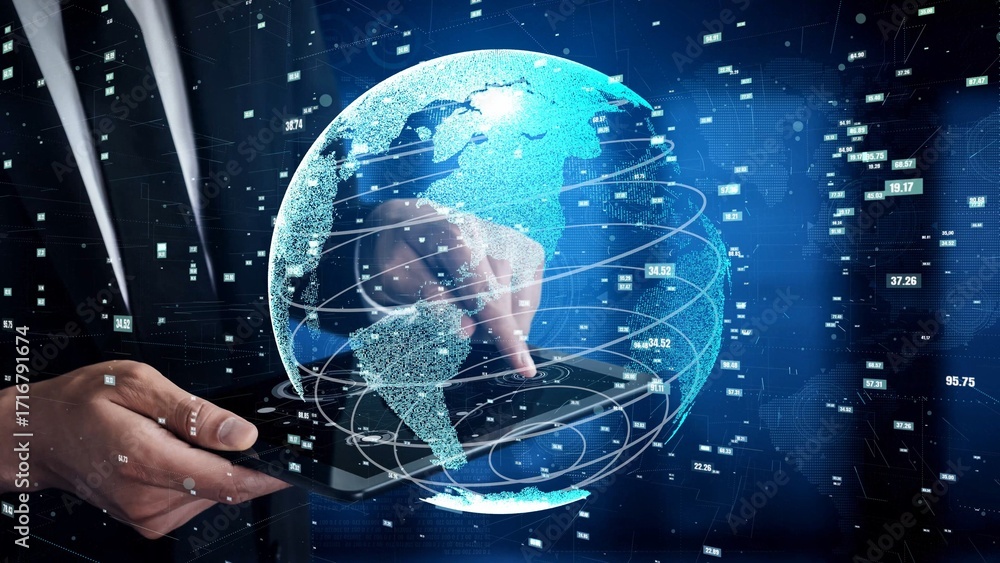 Poster a businessman interacts with a holographic global map while using a smartphone, showcasing modern te