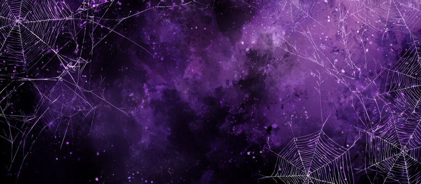 Abstract purple and black background with web-like patterns and smoky textures.