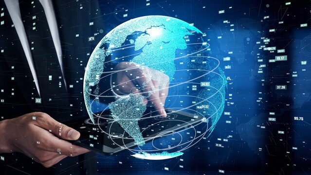 A businessman interacts with a holographic global map while using a smartphone, showcasing modern technology and data visualization in a high-tech environment. Xenic