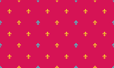 Vibrant repeating pattern of colorful fleurdelis on a bold pink background.  Perfect for textile design, website backgrounds, or celebratory projects.