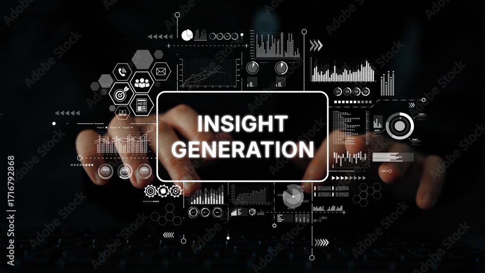Poster digital analysis concept with hands typing and data visualization graphics for insight generation in