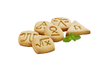 Five golden shortbread cookies with Pi, Alpha, Beta, root, triangle symbols, on a white plate with mint, transparent studio, 45-degree angle, bright diffused light, concept of gourmet dessert artistry