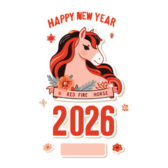 Illustration of cute pink fiery horse postcard, poster and sticker for New Year 2026 on white background