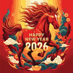 Red fire Horse Illustration. postcard, poster and sticker Happy New Year 2026 on red background