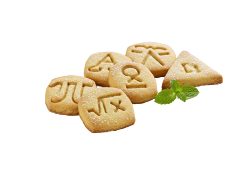Five golden shortbread cookies with Pi, Alpha, Beta, root, triangle symbols, on a white plate with mint, transparent studio, 45-degree angle, bright diffused light, concept of gourmet dessert artistry