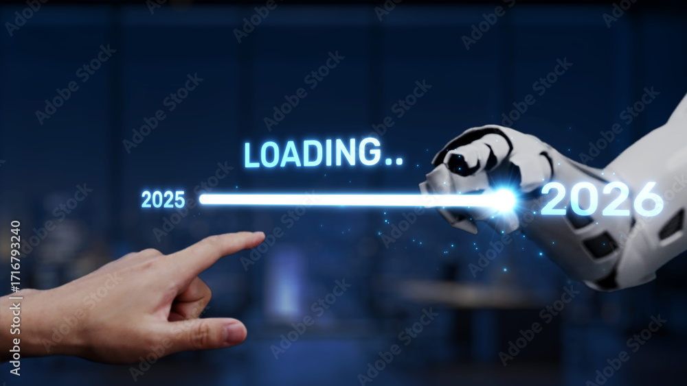 Aufkleber futuristic interaction between human hand and robotic arm with loading animation indicating progress