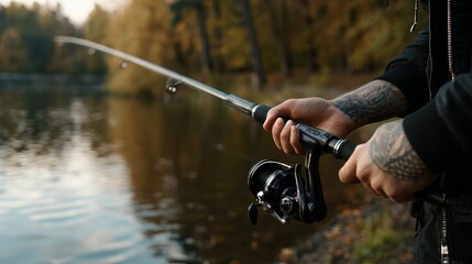 Fisherman holding fishing rod over river at sunset, casting line into a calm river at sunset