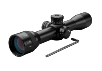 A matte black aerospace-grade aluminum rifle scope with crisp reticle and tactile dials, next to a polished steel hex key, on a seamless transparent background, concept of precision and engineering