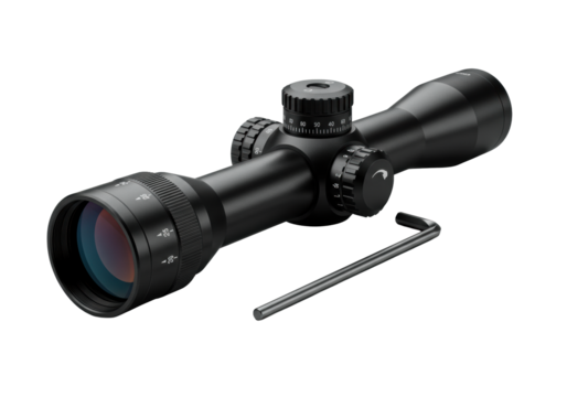 A matte black aerospace-grade aluminum rifle scope with crisp reticle and tactile dials, next to a polished steel hex key, on a seamless transparent background, concept of precision and engineering