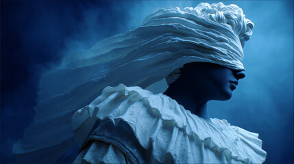 Blue statue with blindfold and flowing fabric
