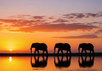 Fototapeta premium Éléphants coucher de soleil