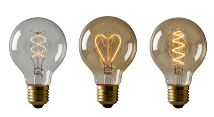 Three high-end designer light bulbs with crystal-clear glass, two glowing warmly, one unlit, arranged linearly on a pristine transparent background, 45-degree macro studio shot, high-end product