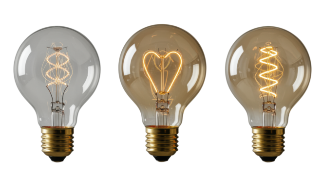 Three high-end designer light bulbs with crystal-clear glass, two glowing warmly, one unlit, arranged linearly on a pristine transparent background, 45-degree macro studio shot, high-end product