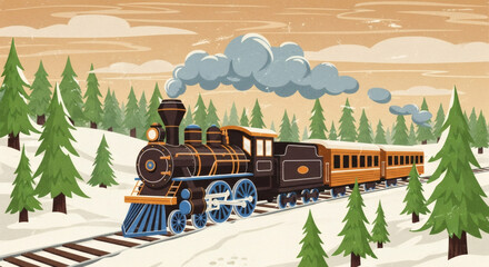 Naklejka premium Illustration train vapeur hiver