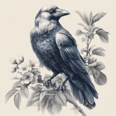 Elegant raven on blossoming branch