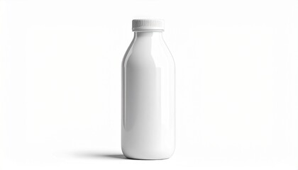 Minimalist white plastic bottle with screw cap, filled with milk, standing on plain white background.