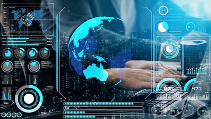 High-tech global network connection interface showing worldwide digital communication, data exchange, and internet connectivity. Global connection, data interaction, and worldwide communication. Thunk